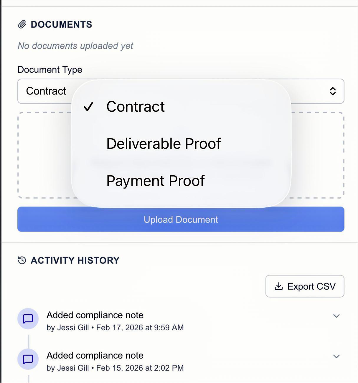 Secure document storage with uploaded contracts and receipts